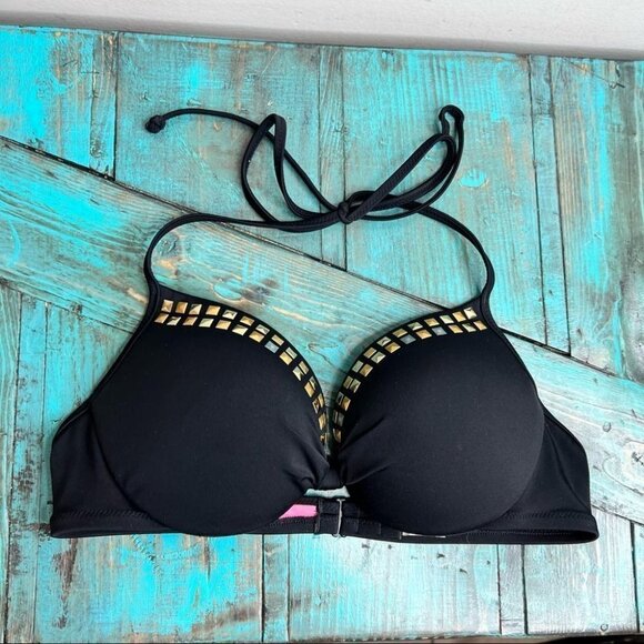 Pink Victoria’s Secret Studded Black Bikini Halter Top Size Medium - Picture 2 of 7
